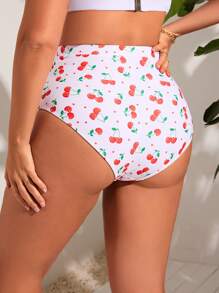 SHEIN Swim Curve Plus Size Cherry Print Ruffled Tie Waist Fashionable Swimwear Bottom Summer - White - View 2