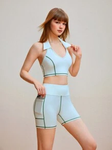 SHEIN Sports Bộ đồ thể thao đơn giản hàng ngày và quần short màu khối dành cho nữ - Màu be - Xem 6