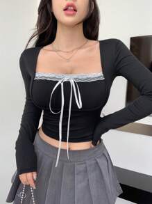 DAZY 秋季新款撞色拼接修身休闲女式T恤 - 黑色 - 查看 3