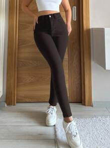 SHEIN PETITE High Waist Skinny Jeans - Brown - View 3