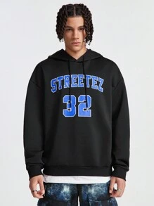Manfinity NXTstreet 男士宽松长袖英文字母印花针织连帽衫，秋冬款 - 黑色 - 查看 1