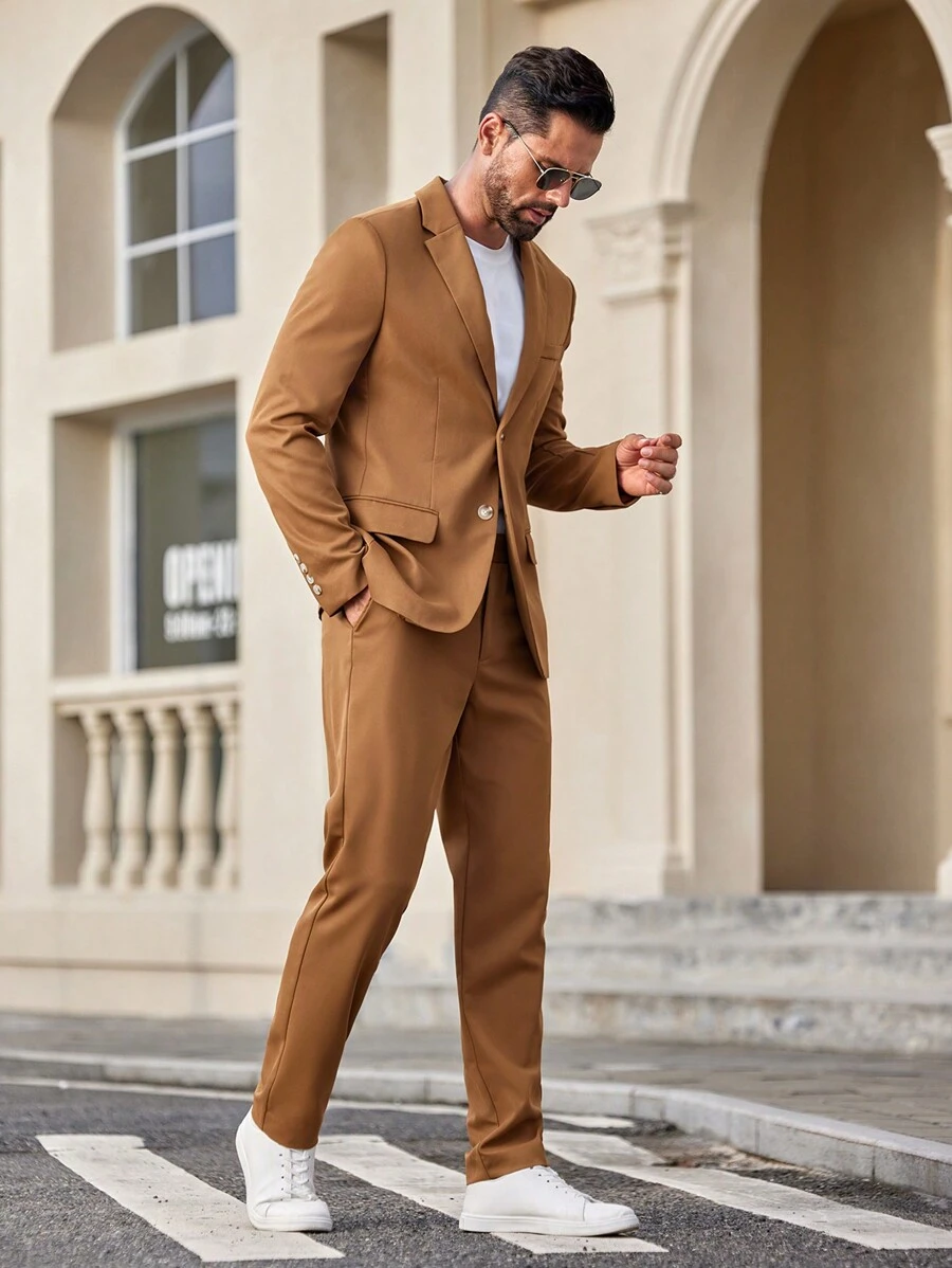Manfinity VCAY 2入組男士編織休閒套裝，適用於秋冬季，適合辦公室穿著 - 棕色 - 查看 1