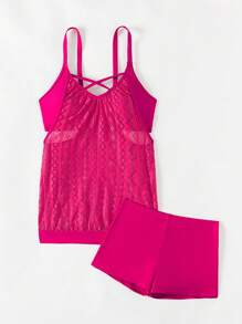 SHEIN Swim Tankini dây mảnh màu hồng nóng bỏng phong cách nghỉ dưỡng cho nữ kèm quần bơi mùa hè - Màu Hồng Tươi - Xem 6