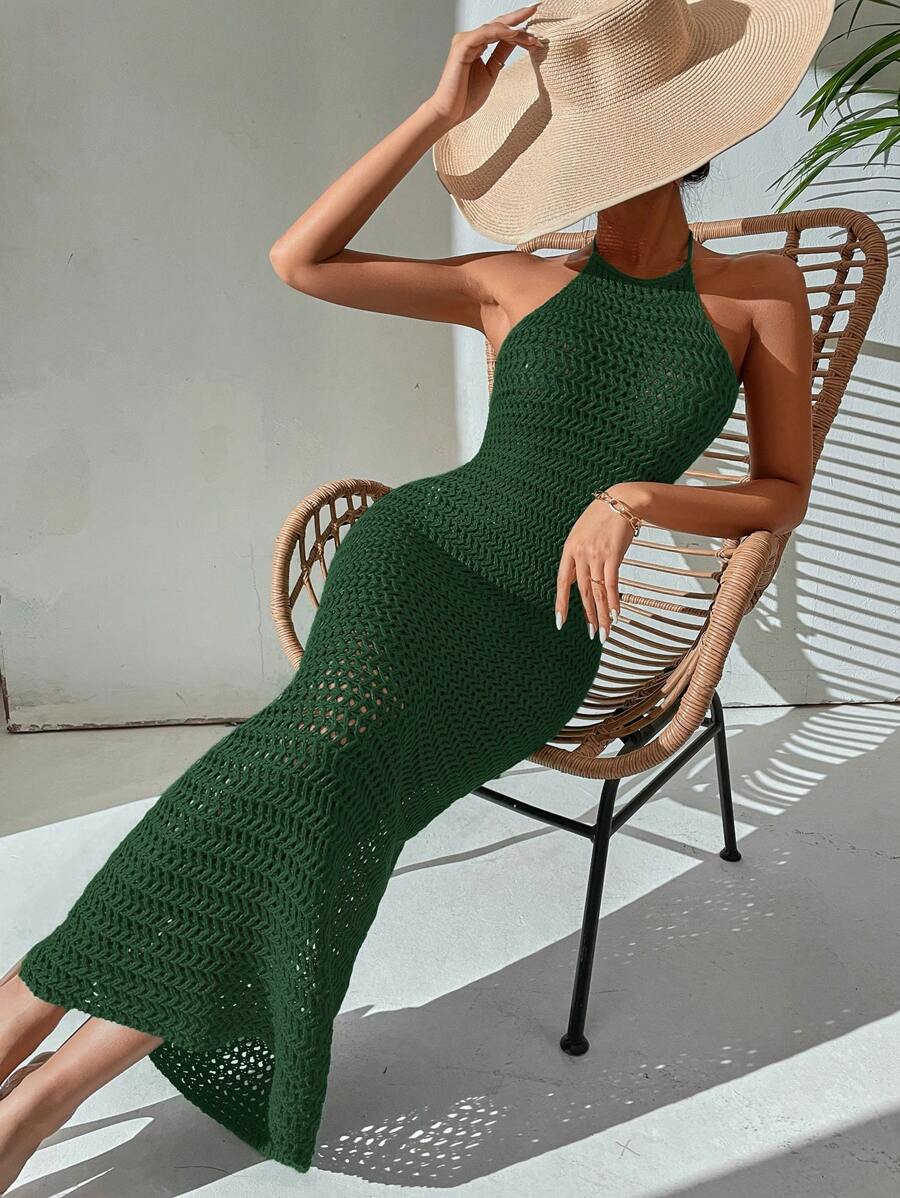 Breezaya Crochet Solid Color Sleeveless Backless Sweater Dress With Halter - Dark Green - View 1