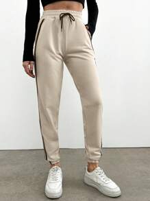 EURMUSE Contrast Side Seam Drawstring Waist Sweatpants - Apricot - View 4