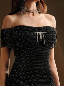 Anewsta 黑色鑽石魚網鑲鑽中長裙 - 黑色 - 查看 4