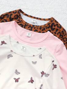 Tween-Mädchen Set aus langärmligem Oberteil mit Rundhalsausschnitt, einfarbig und Hose mit Schmetterlings /Leoparden Allover Print - Verschiedenfarbig - Übersicht 6