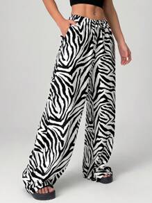 SHEIN EZwear Women's Stylish Animal Print Wide Leg Pants With Zebra Print For Everyday Wear - Black and White - View 6