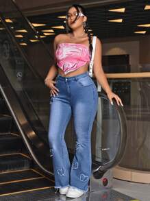 SHEIN ICON Damen Jeans in Große Größen mit Schlag und Roh-Saum für den täglichen Gebrauch - Mittele Waschung - Übersicht 3
