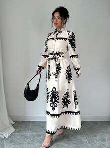 Elenzga Robe-chemise imprimée à manches longues, col rabattu, style tendance pour navetteur, motif spécifié, tenue maxi pour femmes