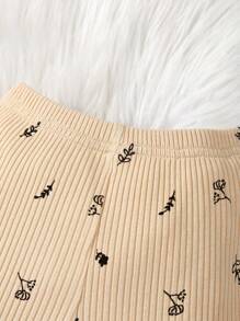 SHEIN Baby Girls' Long Sleeve Casual Ribbed Track Suit With Digital Print, 2pcs/Set - Apricot - View 3