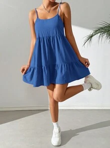 SHEIN EZwear Blue Casual Spaghetti Strap Backless Babydoll Dress