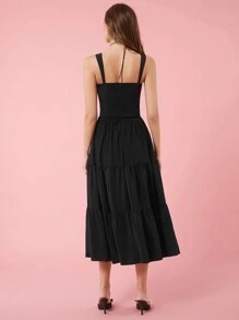 Enchnt Vestido largo recogido con escote cuadrado y estilo rural romántico