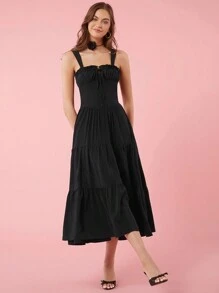 Enchnt Vestido largo recogido con escote cuadrado y estilo rural romántico
