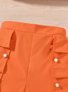 SHEIN Tween Girls' Fashionable 2pcs Set: Pink 3D Flower Cami Top & White Shorts - Orange - View 6