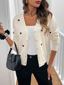 SHEIN Frenchy 女士休闲心形印花开衫 - 杏色 - 查看 1