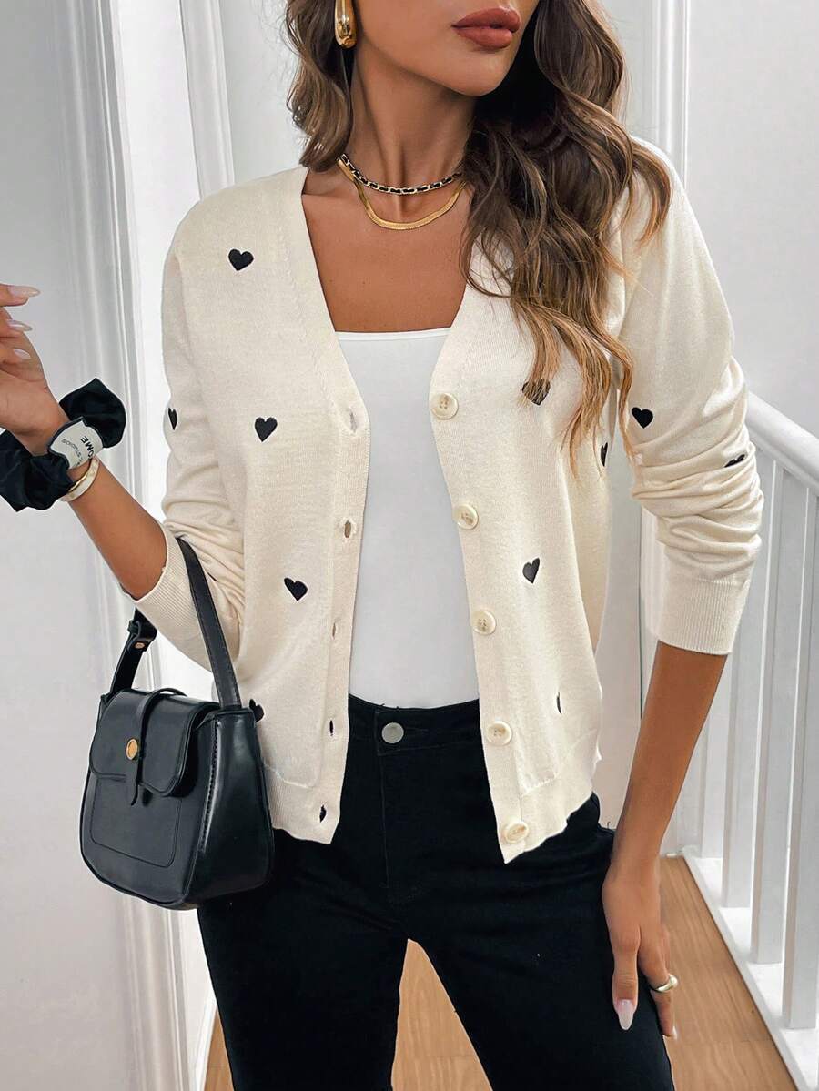 SHEIN Frenchy 女士休闲心形印花开衫 - 杏色 - 查看 1