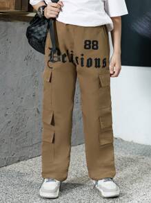 少年男孩簡約字母印花長褲 - 棕色 - 查看 1