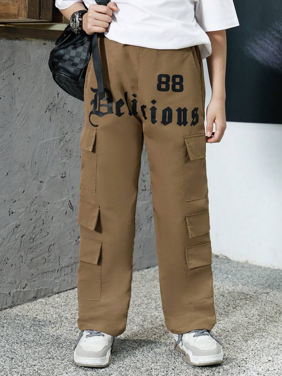 少年男孩簡約字母印花長褲 - 棕色 - 查看 1