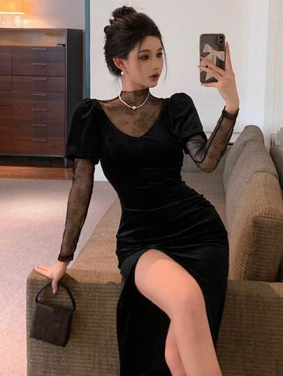 DAZY Velvet Party, Back To School, Formal Dress, Sexy High Slit Long Sleeve Lace Patchwork Midi Dress For Women, Autumn/Winter