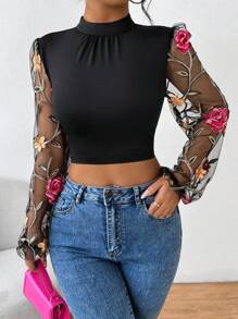 SHEIN ChicEase 網眼刺繡拼接後鈕后繫緊致短款立領上衣 - 黑色 - 查看 3