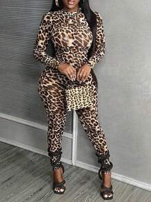 Slaydiva Sexy Leopard Print Stand Collar Long Sleeve Mesh Unitard Jumpsuit - Multicolor - View 3