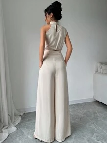 Firerie Conjunto de dos piezas para mujer con top de cuello apilado elegante color albaricoque y pantalones de pierna ancha, ropa de maestra, pantalones ligeros y cómodos, conjunto de dos piezas con top sin mangas asimétrico, adecuado para primavera, verano y otoño, conjunto de dos piezas con pantalones holgados, conjunto de dos piezas de diseñador, atuendo para mujeres para conciertos, vestido de noche elegante, adecuado para uso diario, fiestas, temporada de graduación, temporada de bodas, disfraces para actuaciones - Caqui - Ver 3