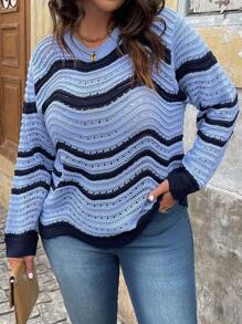 SHEIN LUNE Plus Size Round Neck Color-Block Casual Daily Wear Sweater Pullover