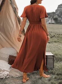 Robe grande taille à col en V, manches à volants, taille avec nœud, ourlet plissé fendu, robe longue pour femmes