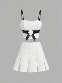 SHEIN MOD Áo yếm đính nơ hoa và chân váy midi xếp ly, quần áo trở lại trường, phong cách Old Money, quần áo mùa thu cho phụ nữ - trắng - Xem 1