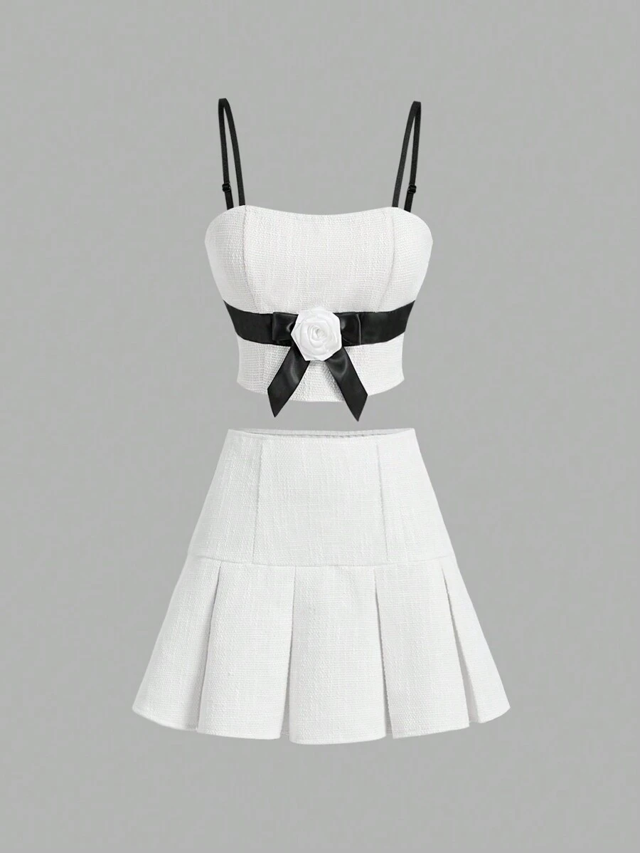 SHEIN MOD Áo yếm đính nơ hoa và chân váy midi xếp ly, quần áo trở lại trường, phong cách Old Money, quần áo mùa thu cho phụ nữ - trắng - Xem 1