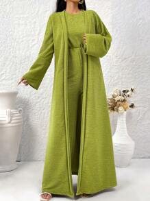 Modelyn Bộ đồ liền thân xếp ly cổ tròn màu trơn và áo khoác cardigan dài hai mảnh cho nữ, bộ đồ nghỉ dưỡng thường ngày 2 món - màu xanh lá - Xem 3