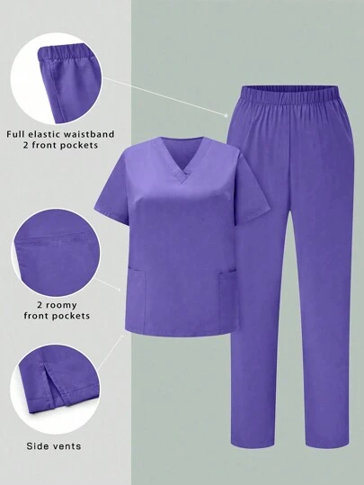 SHEIN TaskFit Plus Size Solid Color Simple Daily Short Sleeve Shirt And Long Pants Uniform Set ,Women Scrubs Set