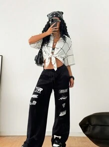 SHEIN EZwear 格紋燕脂短袖蝙蝠袖襯衫，多功能搭配並具備防曬功能 - 白色 - 查看 4