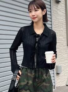 FRIFUL ملابس علوية نسائية بلون سادة للارتداء اليومي البسيط، بتصميم مفرغ، أكمام طويلة شفافة