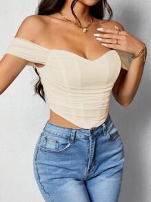 SHEIN PETITE Camiseta de hombros descubiertos simple y sencilla para uso diario de mujer - Albaricoque - Ver 3