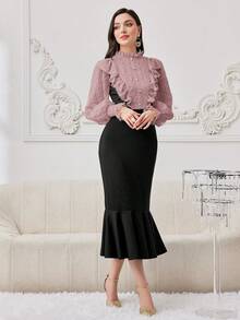 Modelyn 女款拼色立領優雅長袖連衣裙，帶流蘇擺邊 - 粉色 - 查看 5