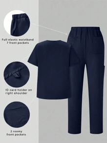 TaskEZ Simple Summer Short Sleeve Uniform Set With Pocket Design On Top And Pants, Scrub Sets - Navy Blue - View 2