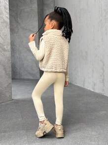 SHEIN Girls' Casual All-Match Plush Vest,  Stand Collar Long Sleeve Top, And Leggings Warm 3 Pieces Set, Fashionable - Apricot - View 2