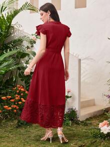 Modelyn Vestido largo de mujer de color rojo burdeos de uso diario sencillo con cinturón, vestido de noche para mujer