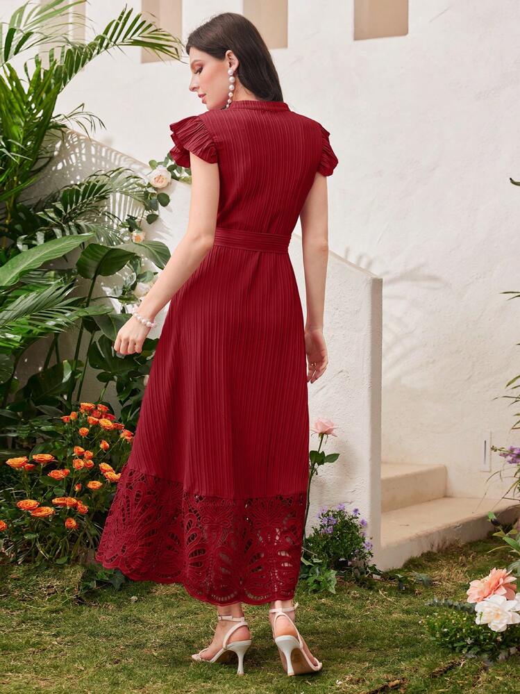 shein burgundy maxi dress SHEIN Modely Burgundy Red Twist Front Fold Pleated Dress Maxi Women Ou
