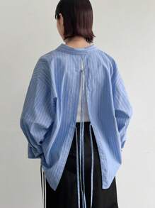FRIFUL Women's Striped Printed Back Tie Long Sleeve Shirt - Blue - View 5