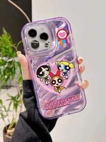 The Powerpuff Girls | ROMWE 1 pieza Estuche transparente de teléfono móvil con diseño de policía y efecto láser de papel de carta ondulado TPU morado transparente, adecuado para múltiples modelos como iPhone