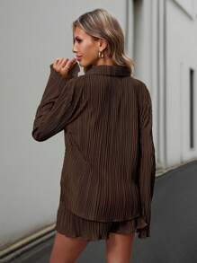 Siren Gaze 女士純色單排釦休閒長袖上衣和短褲套裝 - 咖啡棕 - 查看 2