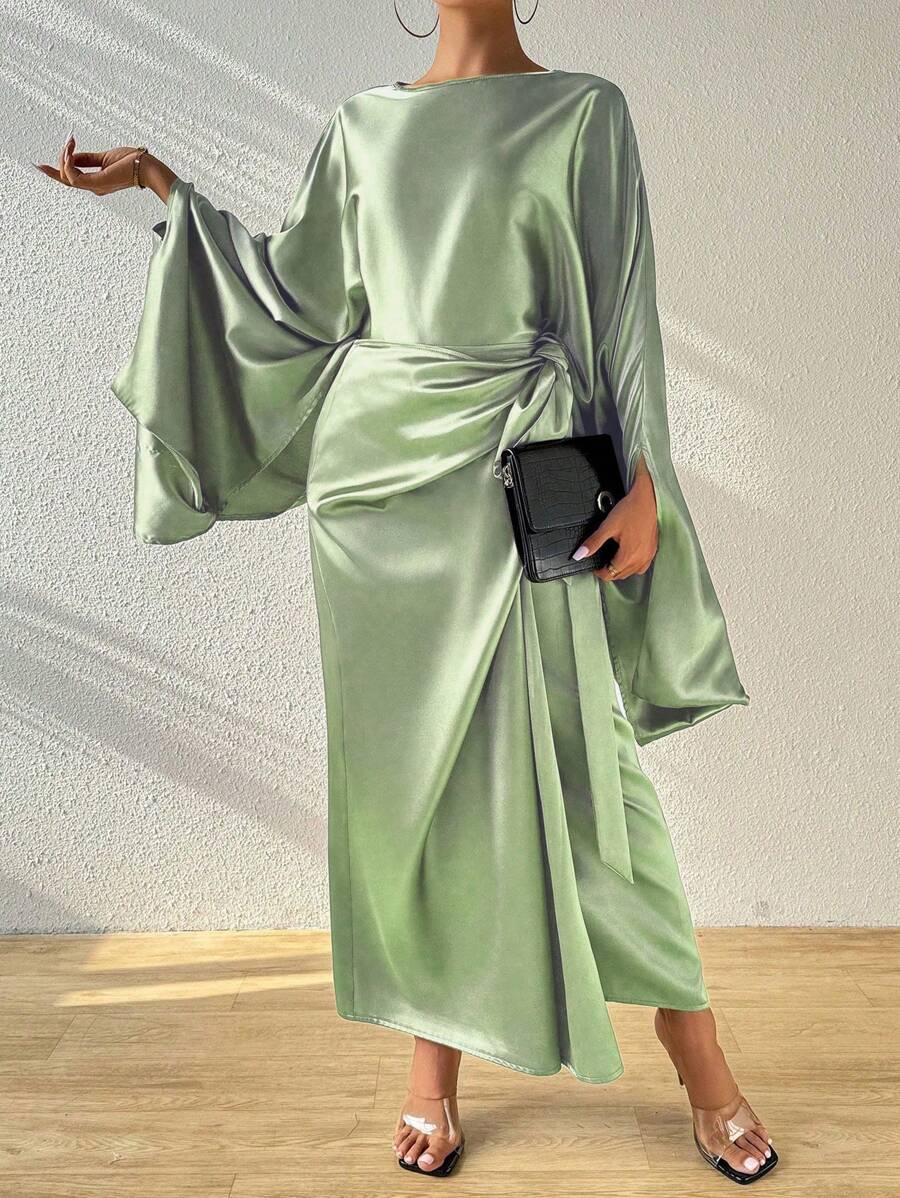 Chiquease Solid Color Round Neck Long Sleeve Top And Draped Knot Skirt Elegant Two-Piece Set - Green - View 1