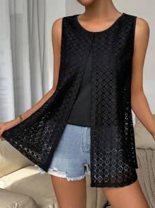 SHEIN LUNE 純色圓領不對稱下擺休閒背心，隨機花卉圖案 - 黑色 - 查看 5