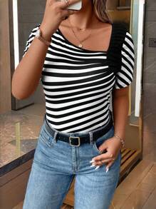 SHEIN Clasi Plus Size Women's Asymmetric Collar Striped Short Sleeve Casual T-Shirt, Summer
