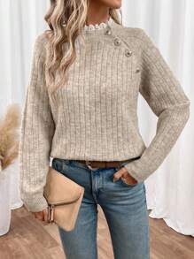 SHEIN Frenchy Women's  Fall Winter Warm Long Sleeve Lace Collar Buttoned Patchwork Sweater, Autumn/Winter Brown Casual