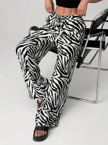 SHEIN EZwear Women's Stylish Animal Print Wide Leg Pants With Zebra Print For Everyday Wear - Black and White - View 5