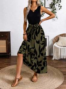 EMERY ROSE 春夏印花不对称下摆针织树叶印花背心裙（中长款）长款度假海滩装女士 - 軍綠色 - 查看 5